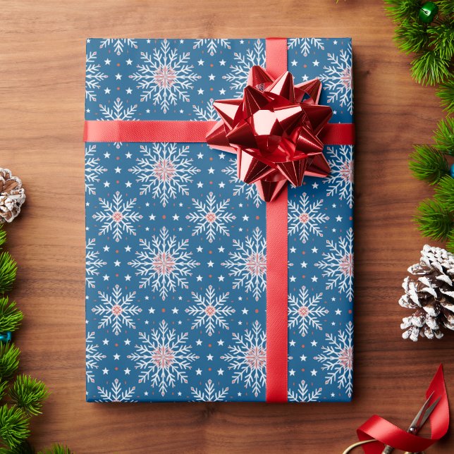 Patriotic Red White Blue Snowflake Christmas Wrap Wrapping Paper (Creator Uploaded)