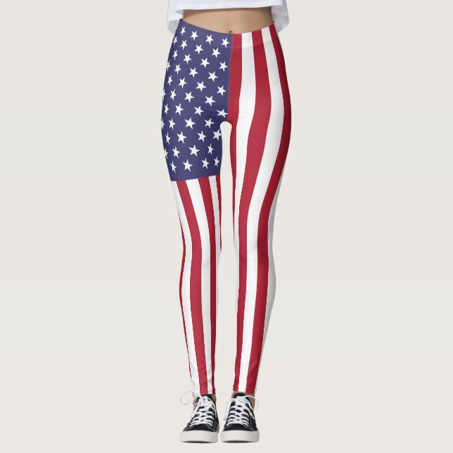 Patriotic Red White Blue Stars And Stripes Flag Leggings (Front)