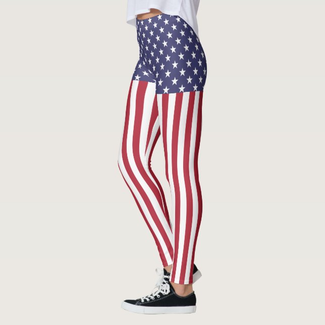 Patriotic Red White Blue Stars And Stripes Flag Leggings (Left)