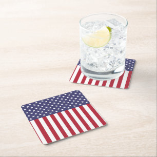 Patriotic Red White Blue Stars And Stripes Flag Square Paper Coaster