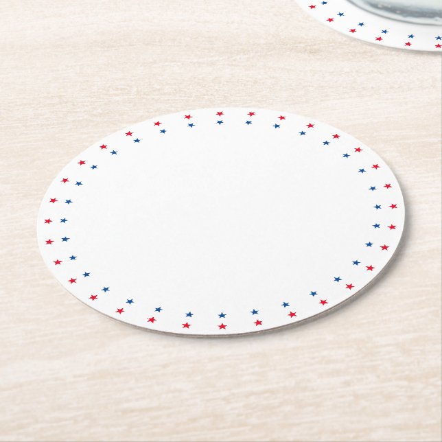 Patriotic red white blue stars border holiday round paper coaster (Angled)