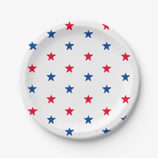 Patriotic red white blue stars fun holiday party paper plate (Front)