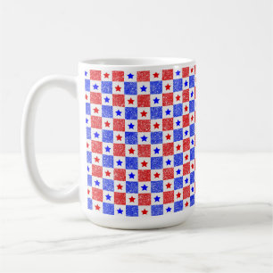 PATRIOTIC RED WHITE BLUE STARS & SQUARES COFFEE MUG