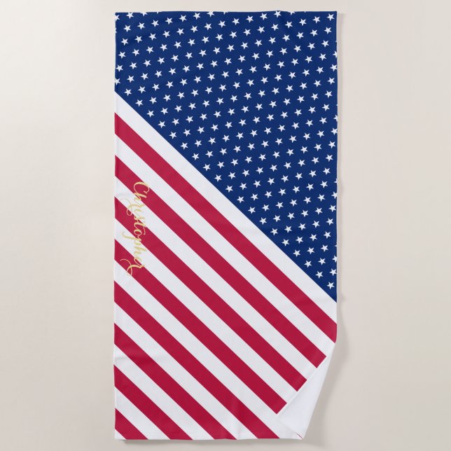 Patriotic Red White Blue Stars Stripes Monogrammed Beach Towel (Front)
