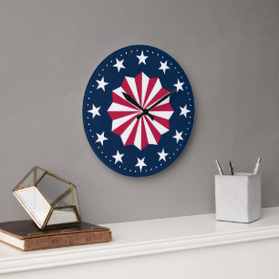 Patriotic Red White Blue Stars Stripes Rosette Large Clock