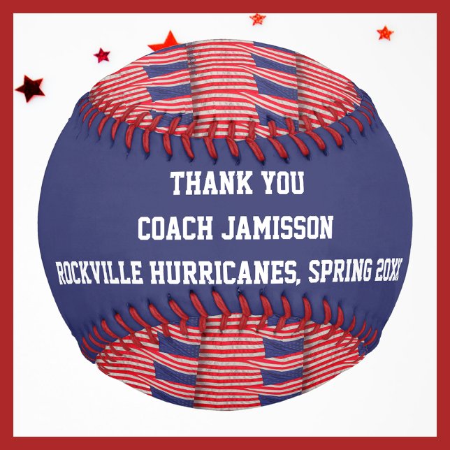 Patriotic Red White Blue Thank You Coach Name Flag Baseball (Creator Uploaded)