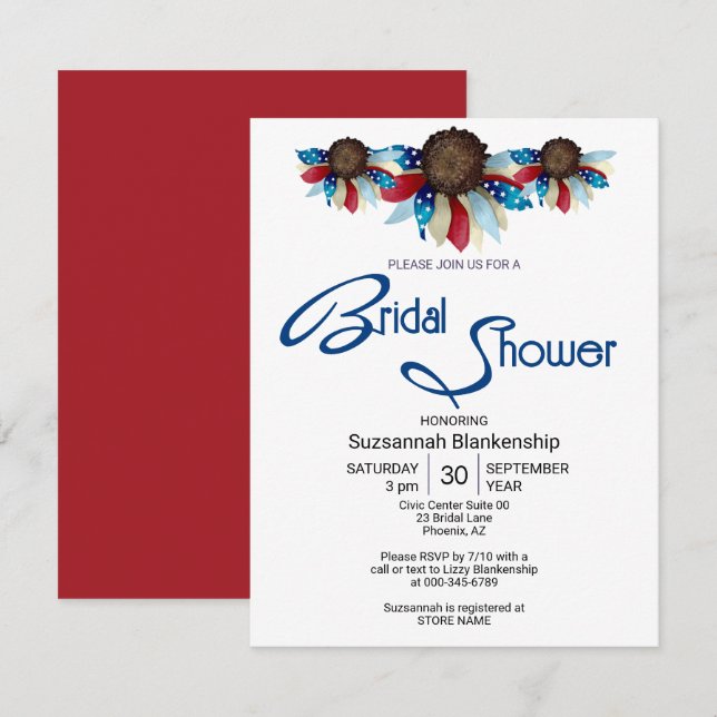 Patriotic Red White Blue Top Border Half Flowers Invitation (Front/Back)