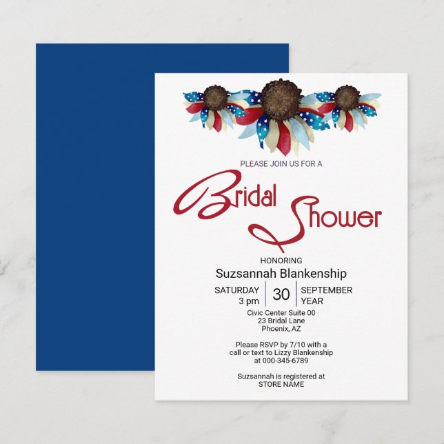 Patriotic Red White Blue Top Border Half Flowers Invitation (Front/Back)