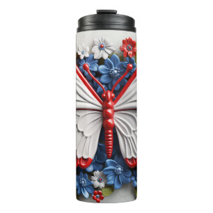 PATRIOTIC RED WHITE BLUE USA BUTTERFLY THERMAL TUMBLER