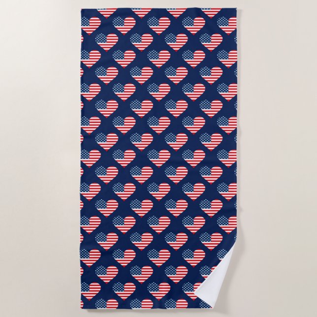 Patriotic Red, White & Blue USA Flag Hearts Beach Towel (Front)