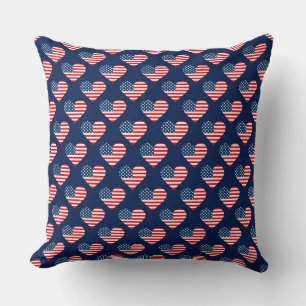 Patriotic Red, White & Blue USA Flag Hearts Throw Pillow