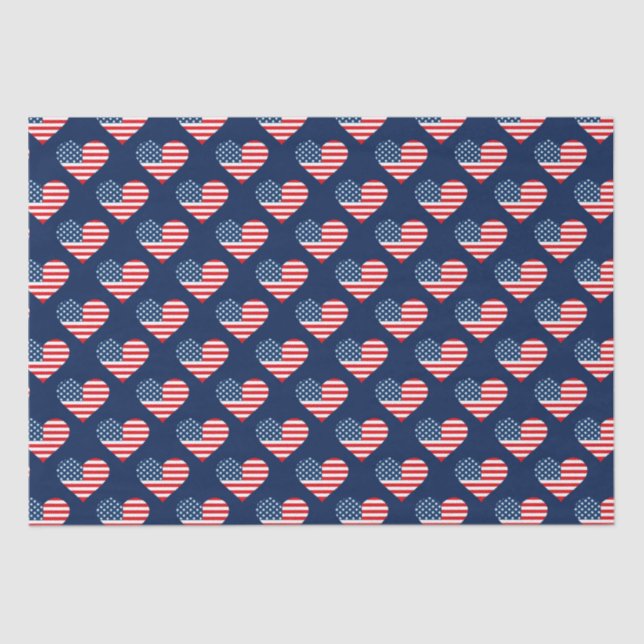 Patriotic Red, White & Blue USA Flag Hearts Tissue Paper (Front)