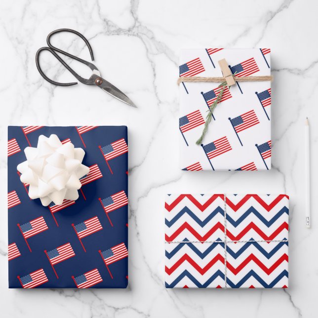Patriotic Red, White & Blue USA Flag Patterns  Wrapping Paper Sheet (Front)