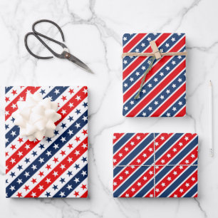Patriotic Red, White & Blue USA Flag Patterns Wrapping Paper Sheet