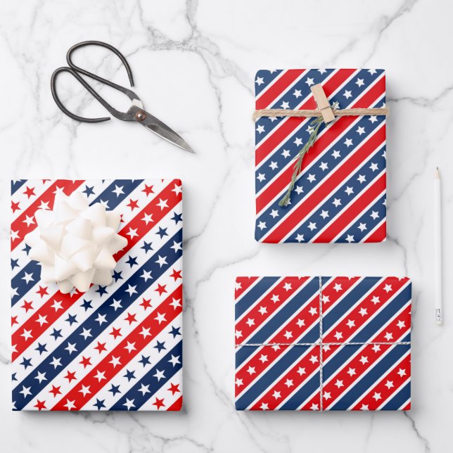 Patriotic Red, White & Blue USA Flag Patterns Wrapping Paper Sheet (Front)