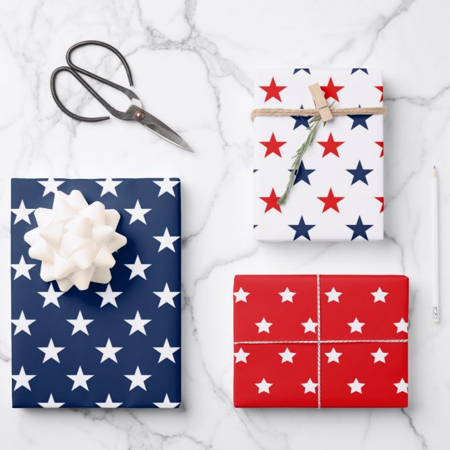 Patriotic Red, White & Blue USA Flag Stars Pattern Wrapping Paper Sheet (Front)