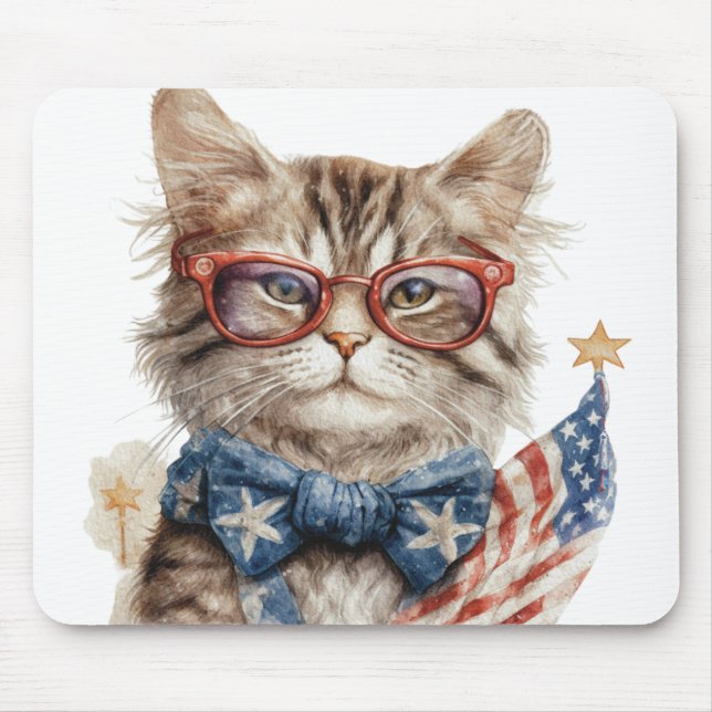 PATRIOTIC RED WHITE BLUE WATERCOLOR KITTY CAT MOUSE PAD (Front)