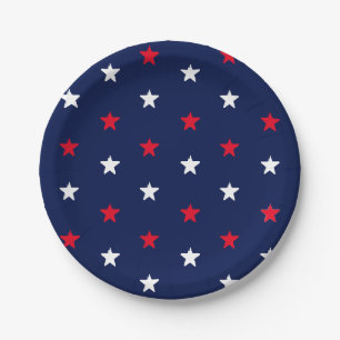 Patriotic red white dark navy blue stars pattern paper plate