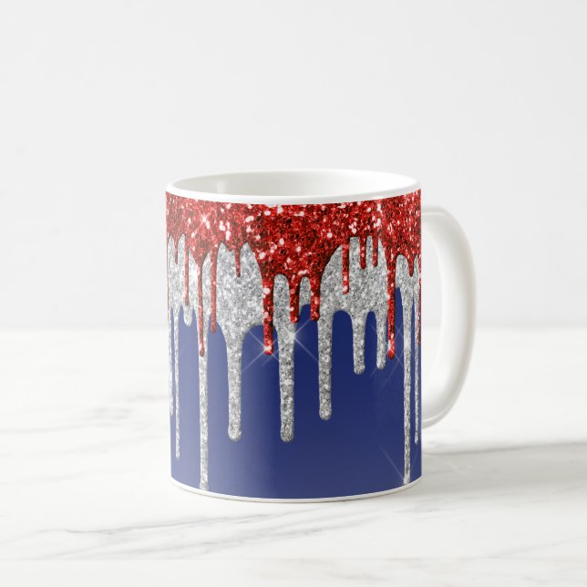 Patriotic Red White Glitter Drip Blue Coffee Mug (Front Right)