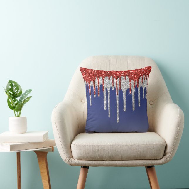 Patriotic Red White Glitter Drip Blue Throw Pillow (Chair)