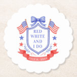 Patriotic Red White & I Do Bridal Shower Paper Coaster<br><div class="desc">This patriotic bridal shower coaster design features a watercolor crest with a light red white and blue patriotic crest with American flags and a blue bow. Text in the center of the crest says "Red,  white and I do." You can personalize with your event date.</div>