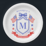 Patriotic Red White & I Do Monogram Bridal Shower Paper Plate<br><div class="desc">This patriotic bridal shower paper plate design features a watercolor crest with a light red white and blue patriotic crest with American flags and a blue bow. You can personalize with your monogram and name.</div>