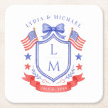 Patriotic Red White & I Do Monogram Wedding Square Paper Coaster<br><div class="desc">This patriotic wedding coaster design features a watercolor crest with a light red white and blue patriotic crest with American flags and a blue bow. You can personalize with your monogram,  wedding date and names.</div>
