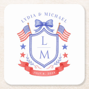 Patriotic Red White & I Do Monogram Wedding Square Paper Coaster