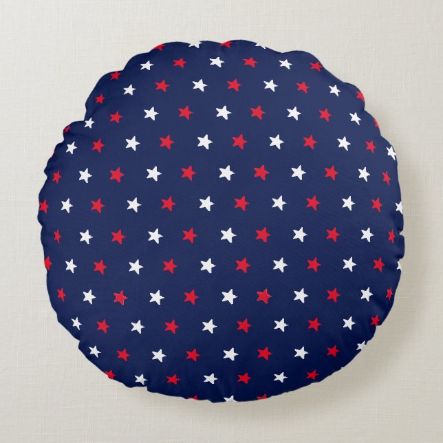 Patriotic red white navy blue star pattern modern  round pillow (Front)