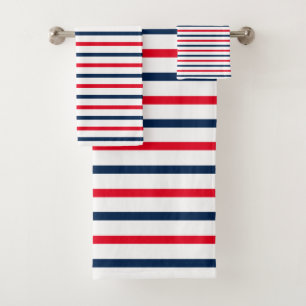 Patriotic red white navy blue stripes modern bath towel set