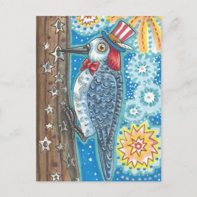 PATRIOTIC REDHEADED WOODPECKER, FIREWORKS POSTCARD (Front)