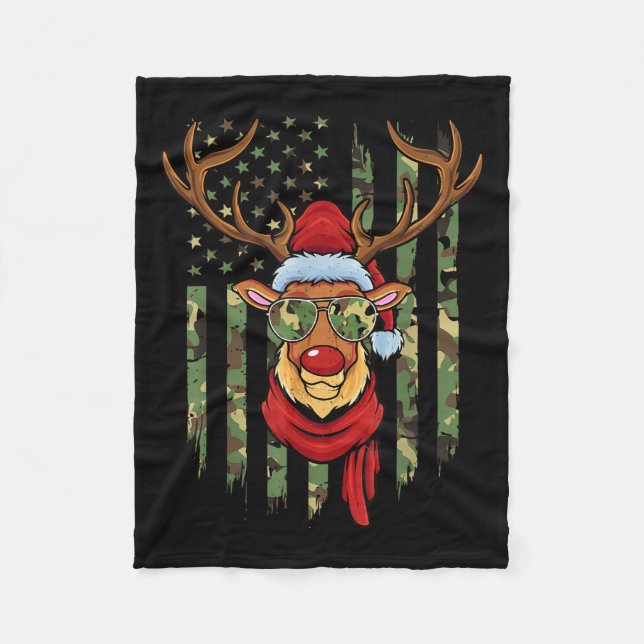Patriotic Reindeer Camo American Flag Veteran Chri Fleece Blanket (Front)