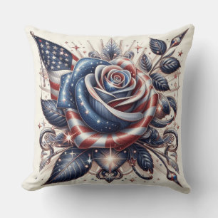 Patriotic Rose and American Flag Independence Day Throw Pillow
