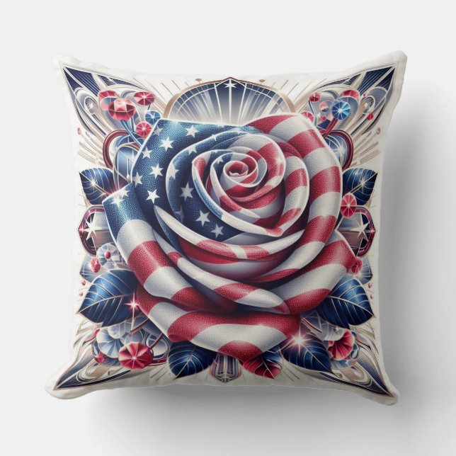 Patriotic Rose Independence Day Throw Pillow (Front)