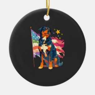 Patriotic Rottweiler with USA Flag Art Ceramic Ornament