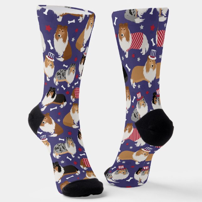 Patriotic Rough Collie Pattern Socks (Angled)