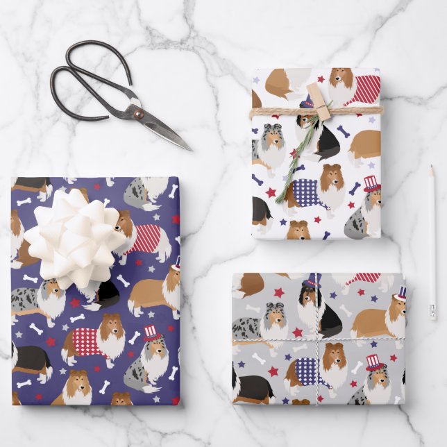 Patriotic Rough Collie Pattern Wrapping Paper Sheet (Front)