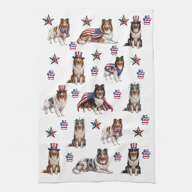 Patriotic Rough Collies Kitchen Towel (Vertical)