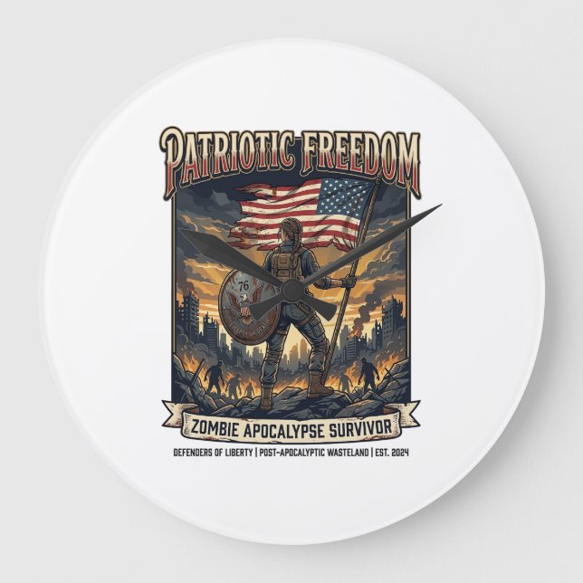 Patriotic Rust Flag Survivor Zombie Apocalypse Fre Large Clock (Front)