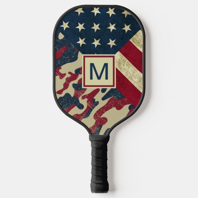 Patriotic Rustic American Flag Camo Monogrammed Pickleball Paddle (Front)
