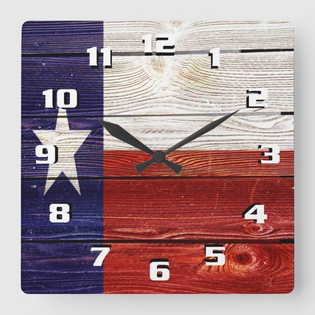 Patriotic Rustic Texas Flag on wood texture Square Wall Clock (Front)