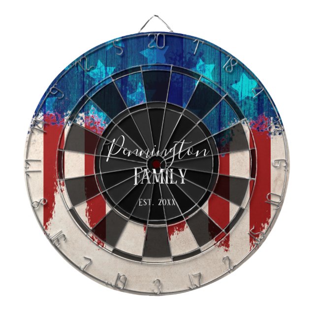 Patriotic Rustic Wood Design Custom Family Name Dartboard (Front)