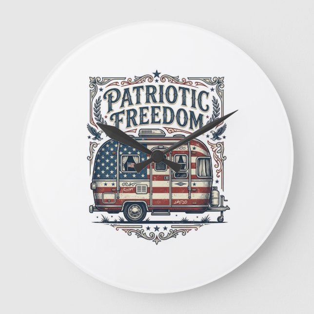 Patriotic RV Camper Vector Graphic Tee Large Clock (Front)
