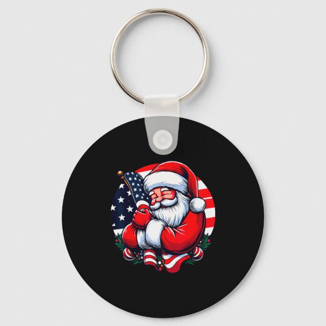 Patriotic Santa Claus Men Women Usa Flag Christmas Keychain (Front)