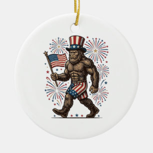 Patriotic Sasquatch Fireworks Vintage Engraving De Ceramic Ornament