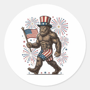 Patriotic Sasquatch Fireworks Vintage Engraving De Classic Round Sticker