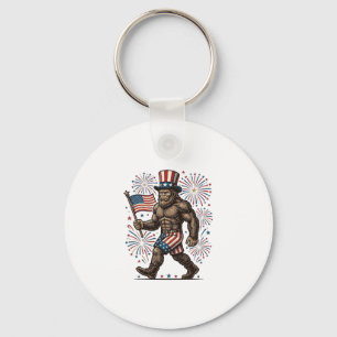 Patriotic Sasquatch Fireworks Vintage Engraving De Keychain
