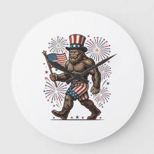 Patriotic Sasquatch Fireworks Vintage Engraving De Large Clock