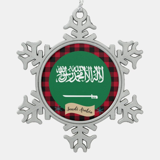 Patriotic Saudi Arabia, buffalo plaid, Saudi Flag Snowflake Pewter Christmas Ornament (Front)