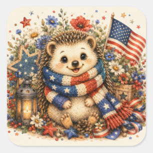 Patriotic Scarf Hedgehog Watercolor Art Square Sticker